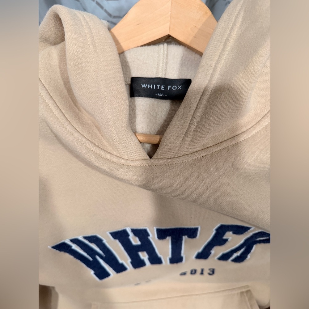 White Fox Est. 2013 Varsity Hoodie Cream Beige Oversized - Picture 3 of 5